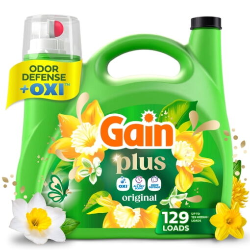 Gain Plus Laundry Detergent Liquid, Now with Odor Defense + OXI, Original Scent, 170 fl oz, 129 Loads